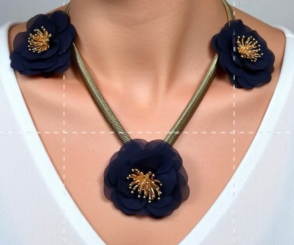 Vintage Navy Floral Statement Necklace 15 Inch Gold Tone Unsigned 1980s